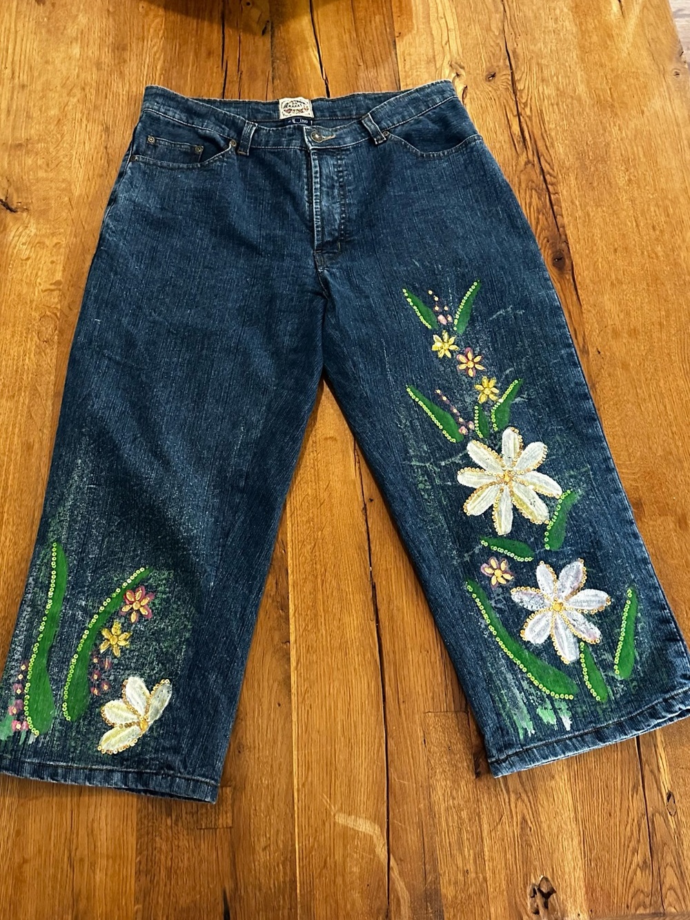 24 Karat embellished denim capris with embroidery and sequins